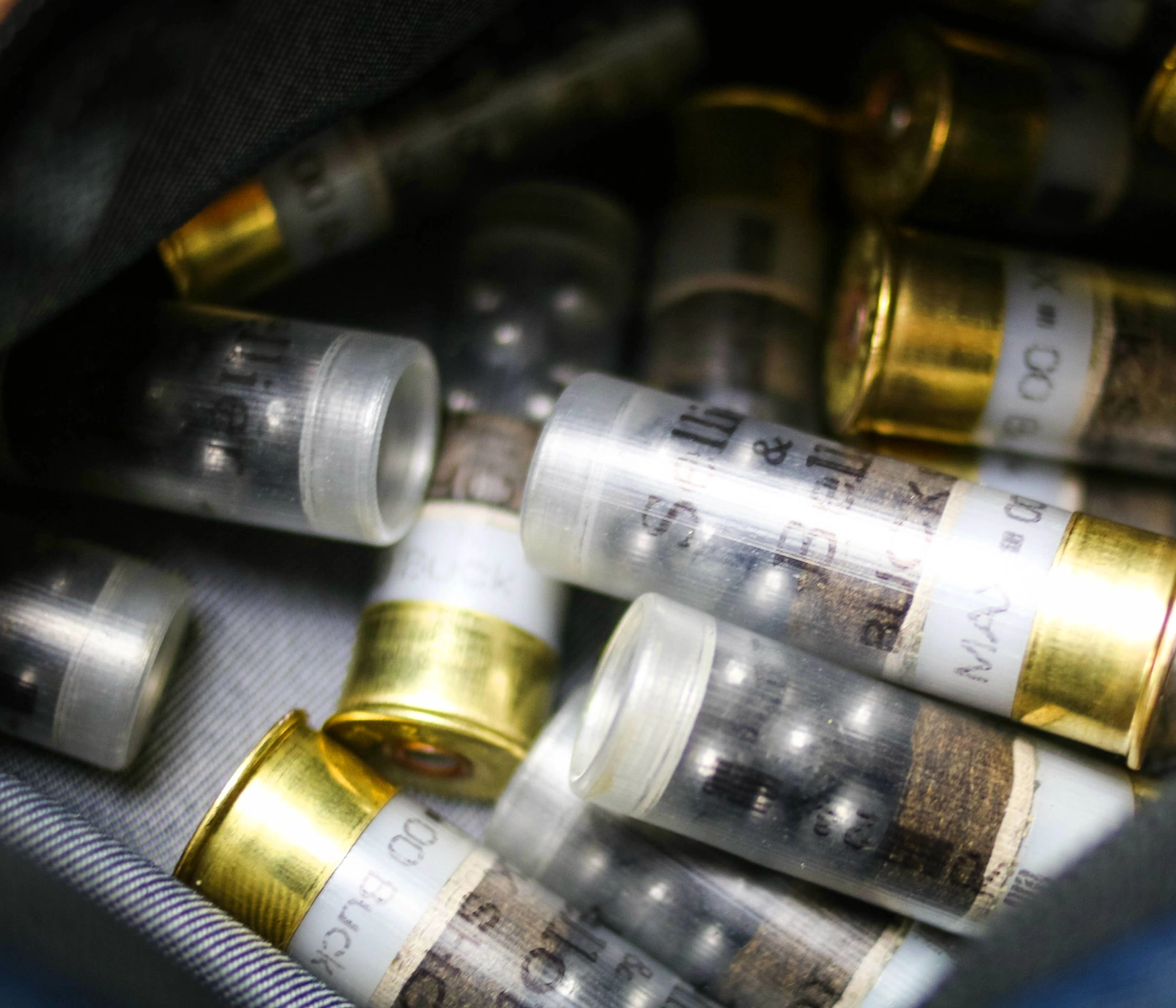 A close-up photo of several shotgun shells with transparent plastic casings and brass bases, showing the metal pellets inside, lying in a fabric-lined container at an advanced shotgun course St. Louis.