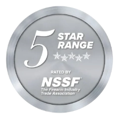 A silver circular badge with "5 Star Range" and five stars, labeled "Rated by NSSF, The Firearm Industry Trade Association.