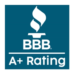 BBB A+ Rating logo featuring two stylized white flames above the text "BBB" and "A+ Rating" on a blue background.
