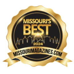 A gold badge with the text "Missouri's Best 2024" over a city skyline silhouette, and "MISSOURIMAGAZINES.COM" written on a gold ribbon at the bottom.