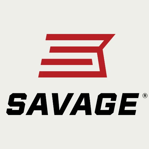 Logo with a stylized red “S” above the word “SAVAGE” in bold black capital letters on a light background.