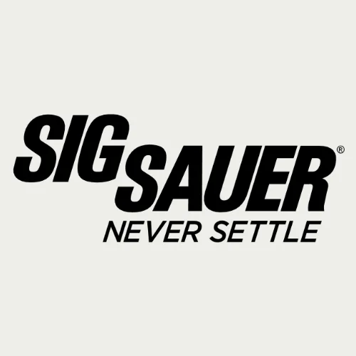 Black text logo reading "SIG SAUER" in bold capital letters, with the words "NEVER SETTLE" underneath in smaller, italicized font, all on a light gray background.
