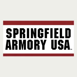 A rectangular sign with bold black text reading "SPRINGFIELD ARMORY USA" on a white background, bordered by thick red stripes at the top and bottom.