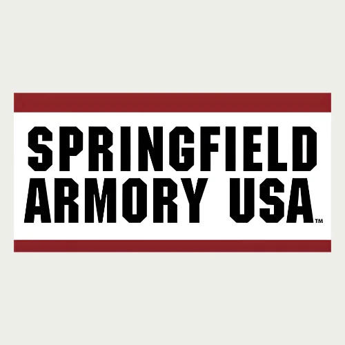 A rectangular sign with bold black text reading "SPRINGFIELD ARMORY USA" on a white background, bordered by thick red stripes at the top and bottom.